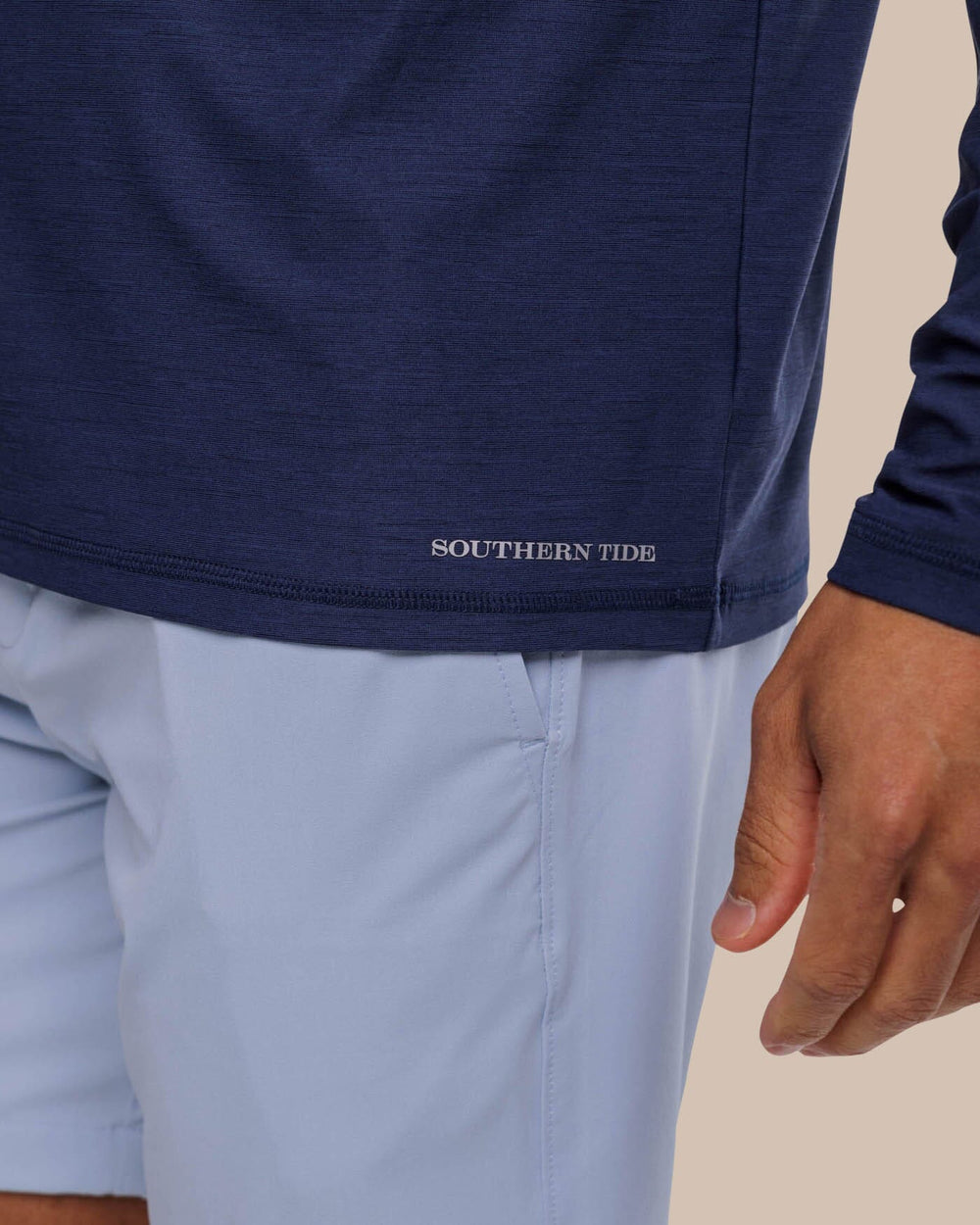 The label view of the Southern Tide brrr-illiant Performance Long Sleeve Tee by Southern Tide - Nautical Navy