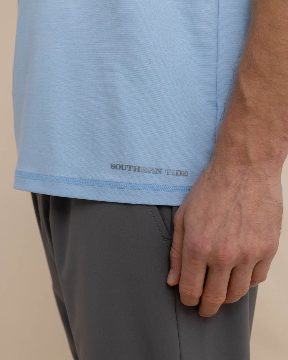 The detail view of the Southern Tide brrr illiant Performance T-Shirt by Southern Tide - Clearwater Blue