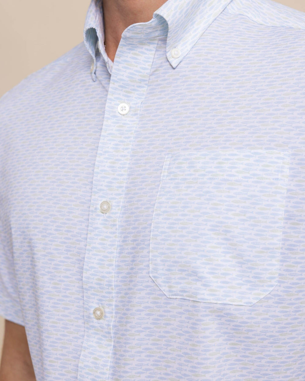 The detail view of the Southern Tide brrr Intercoastal Casual Water Short Sleeve SportShirt by Southern Tide - Classic White