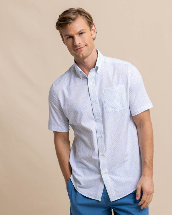 The front view of the Southern Tide brrr Intercoastal Casual Water Short Sleeve SportShirt by Southern Tide - Classic White