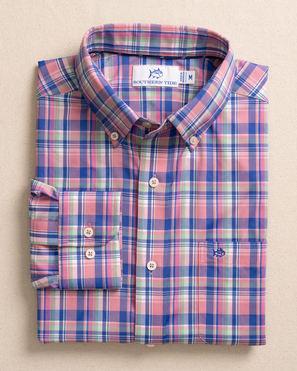 The front view of the Southern Tide brrr°® Intercoastal Charlesfort Plaid Long Sleeve Sport Shirt by Southern Tide - Riviera Rose