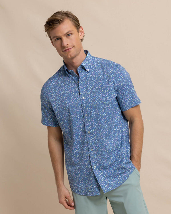 The front view of the Southern Tide brrr Intercoastal Dazed and Transfused Short Sleeve Sport Shirt by Southern Tide - Coronet Blue