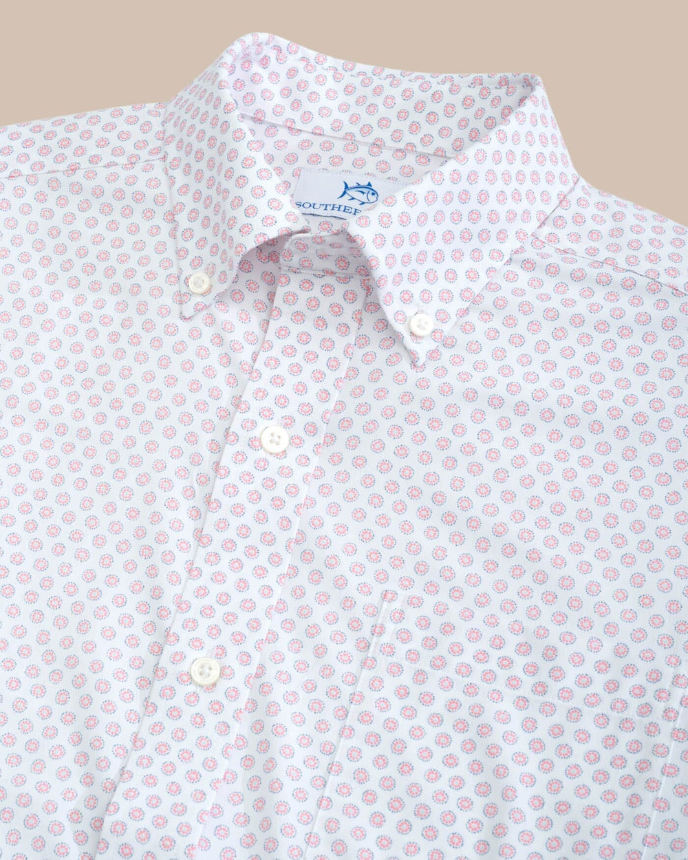 The detail view of the Southern Tide brrr Intercoastal Floral To See Short Sleeve Sportshirt by Southern Tide - Geranium Pink