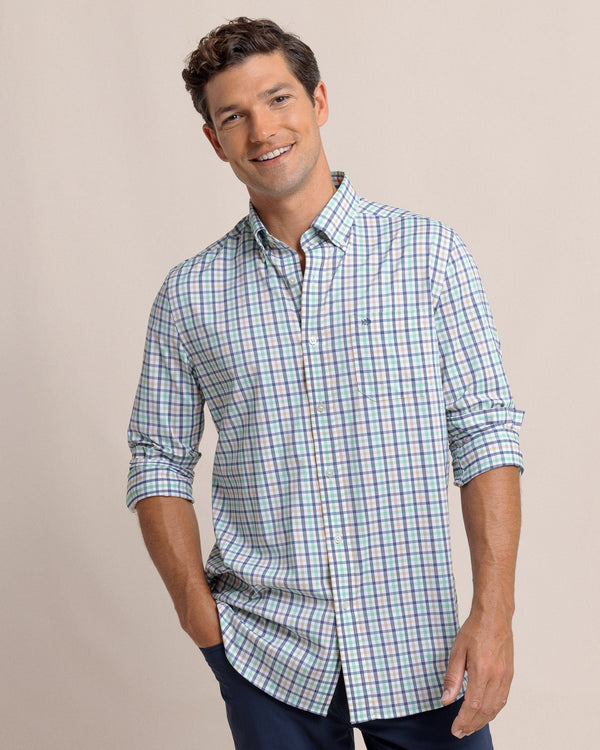 The front view of the Southern Tide Brrr Intercoastal Glenmoor Plaid Long Sleeve Sport Shirt by Southern Tide - Light Indigo