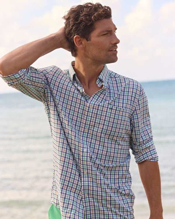 The front view of the Southern Tide Brrr Intercoastal Glenmoor Plaid Long Sleeve Sport Shirt by Southern Tide - Light Indigo