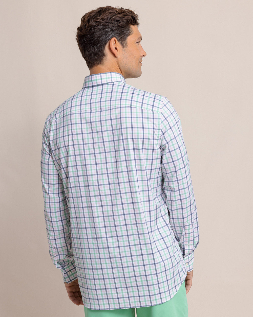 The back view of the Southern Tide Brrr Intercoastal Glenmoor Plaid Long Sleeve Sport Shirt by Southern Tide - Parfait Pink