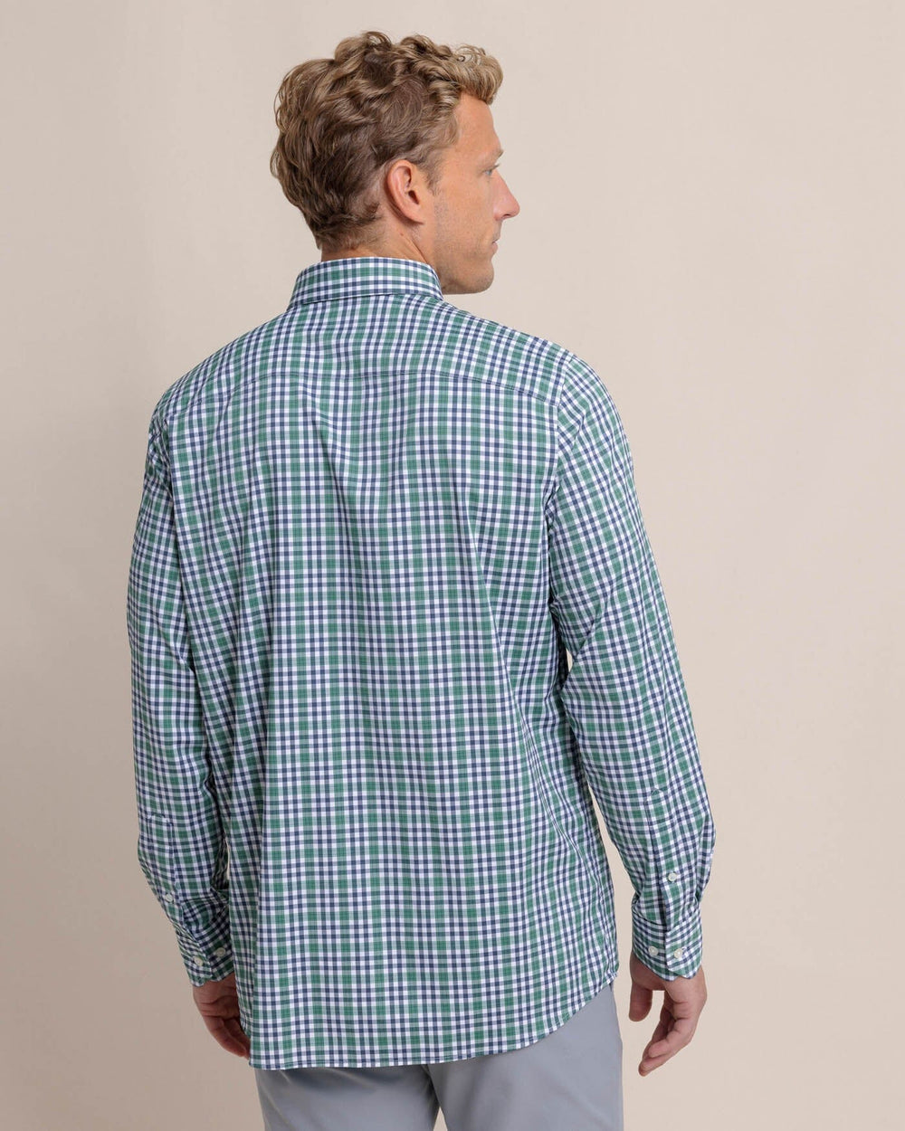 The back view of the Southern Tide Brrr Intercoastal Haywood Plaid Sport Shirt by Southern Tide - Fir