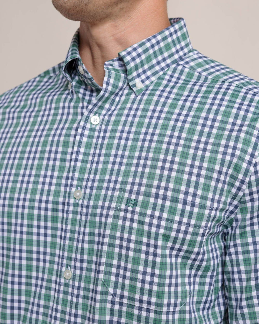 The detail view of the Southern Tide Brrr Intercoastal Haywood Plaid Sport Shirt by Southern Tide - Fir