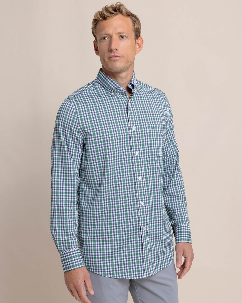 The front view of the Southern Tide Brrr Intercoastal Haywood Plaid Sport Shirt by Southern Tide - Fir