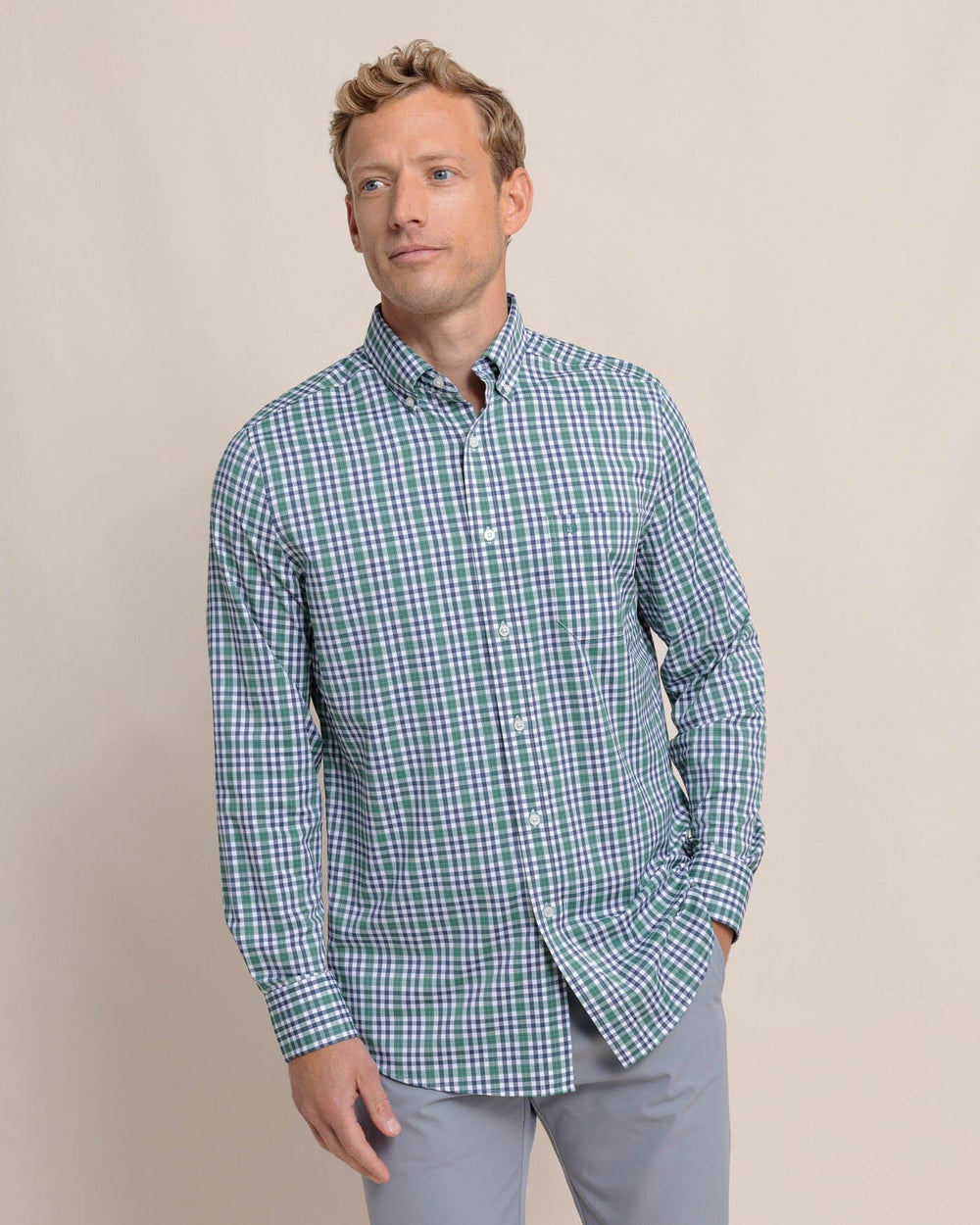 The front view of the Southern Tide Brrr Intercoastal Haywood Plaid Sport Shirt by Southern Tide - Fir