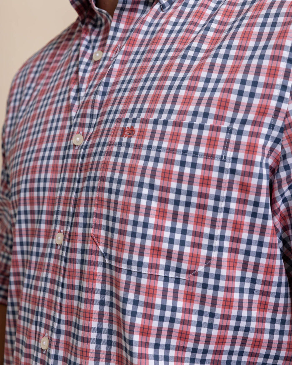 The detail view of the Southern Tide Brrr Intercoastal Haywood Plaid Sport Shirt by Southern Tide - Mineral Red