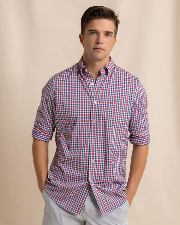 The front view of the Southern Tide Brrr Intercoastal Haywood Plaid Sport Shirt by Southern Tide - Mineral Red