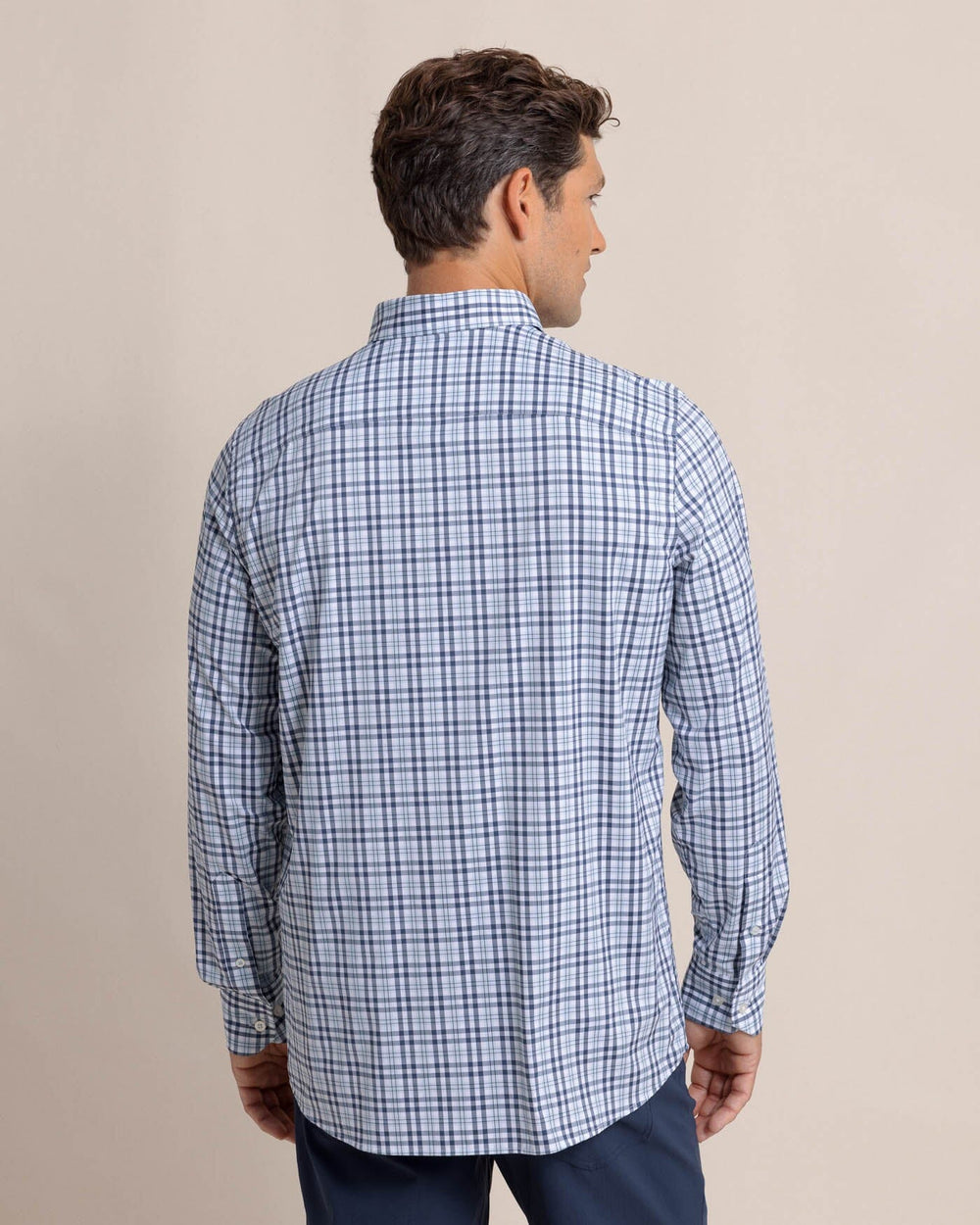 The back view of the Southern Tide Brrr Intercoastal Haywood Plaid Sport Shirt by Southern Tide - Triumph Blue