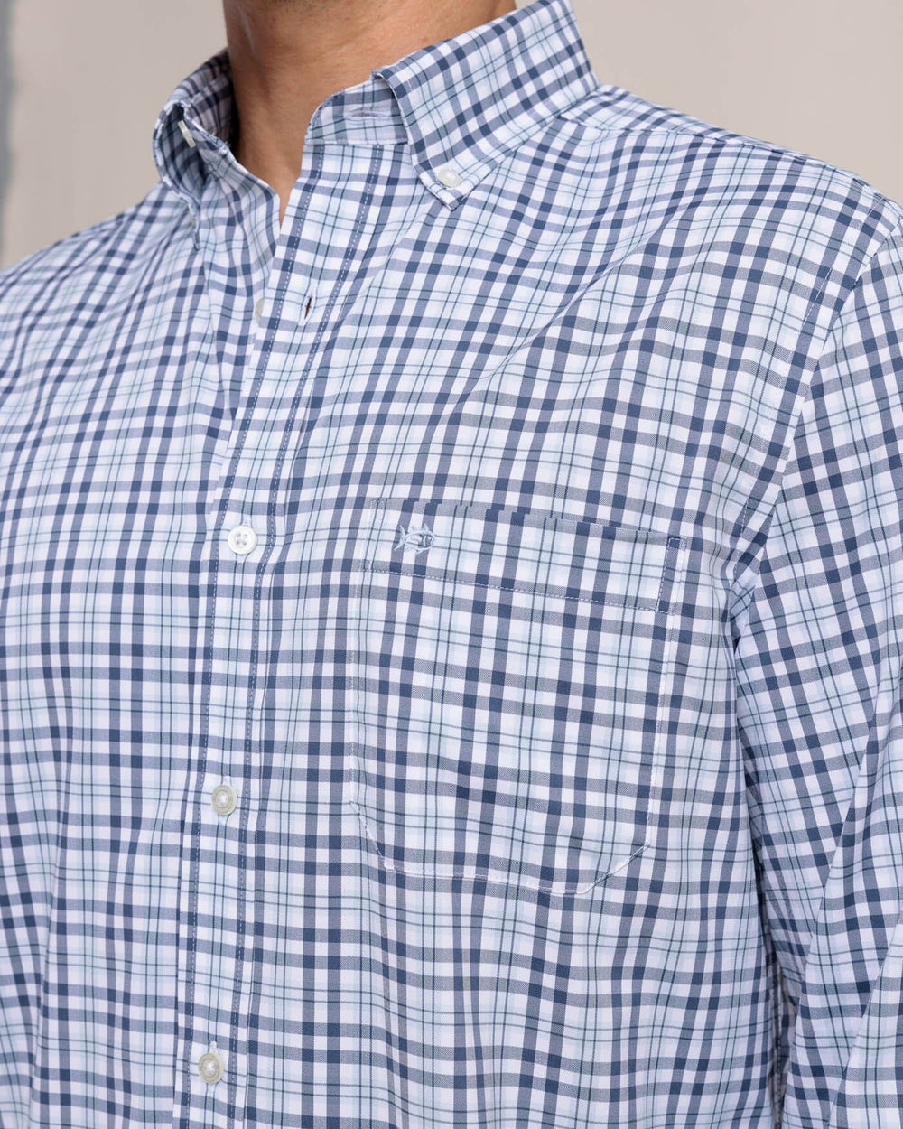 The detail view of the Southern Tide Brrr Intercoastal Haywood Plaid Sport Shirt by Southern Tide - Triumph Blue