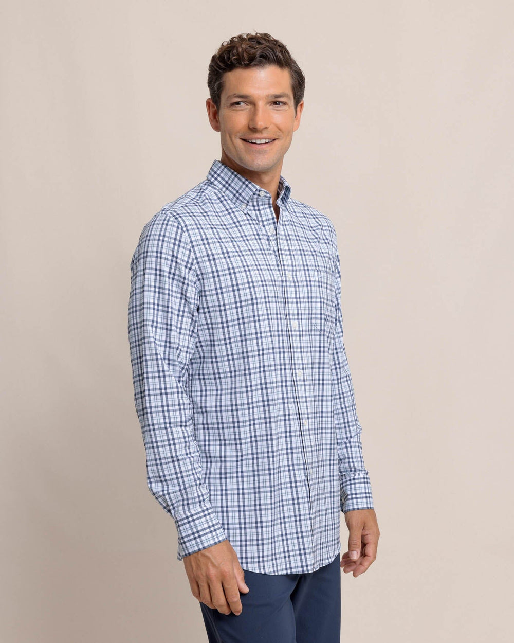 The front view of the Southern Tide Brrr Intercoastal Haywood Plaid Sport Shirt by Southern Tide - Triumph Blue