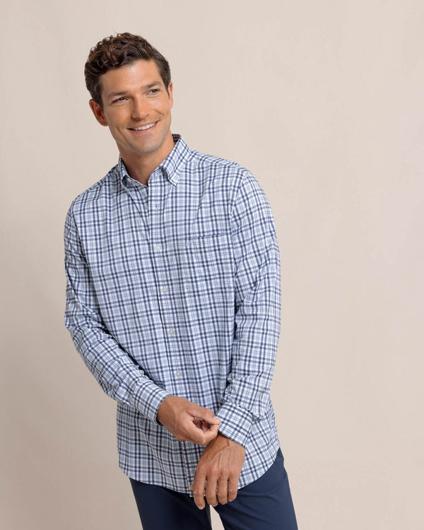 The front view of the Southern Tide Brrr Intercoastal Haywood Plaid Sport Shirt by Southern Tide - Triumph Blue