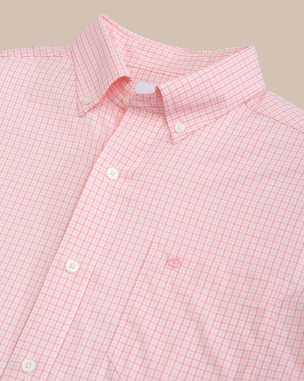 The detail view of the Southern Tide brrr Intercoastal McBee Check Long Sleeve Sportshirt by Southern Tide - Geranium Pink