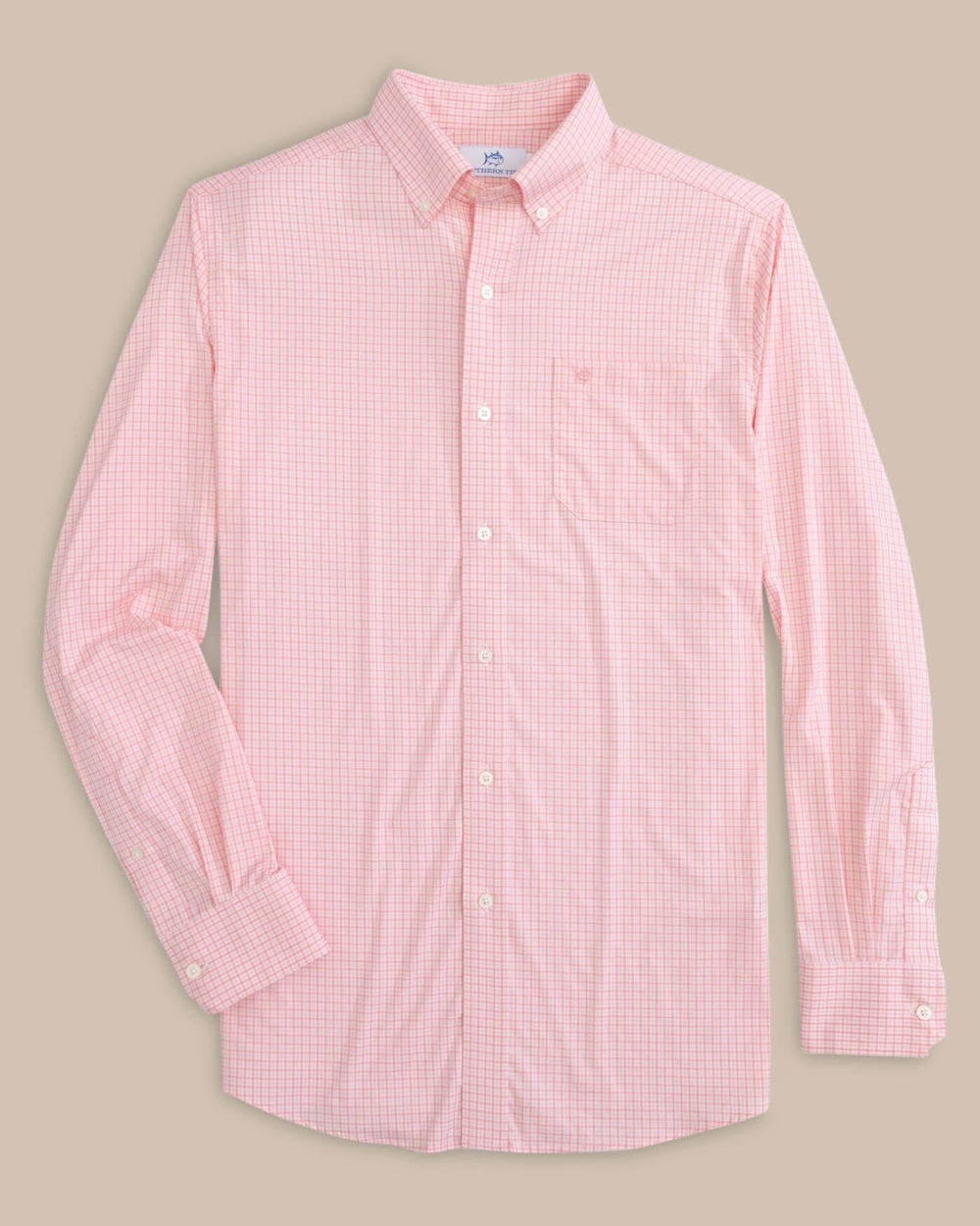 The front view of the Southern Tide brrr Intercoastal McBee Check Long Sleeve Sportshirt by Southern Tide - Geranium Pink