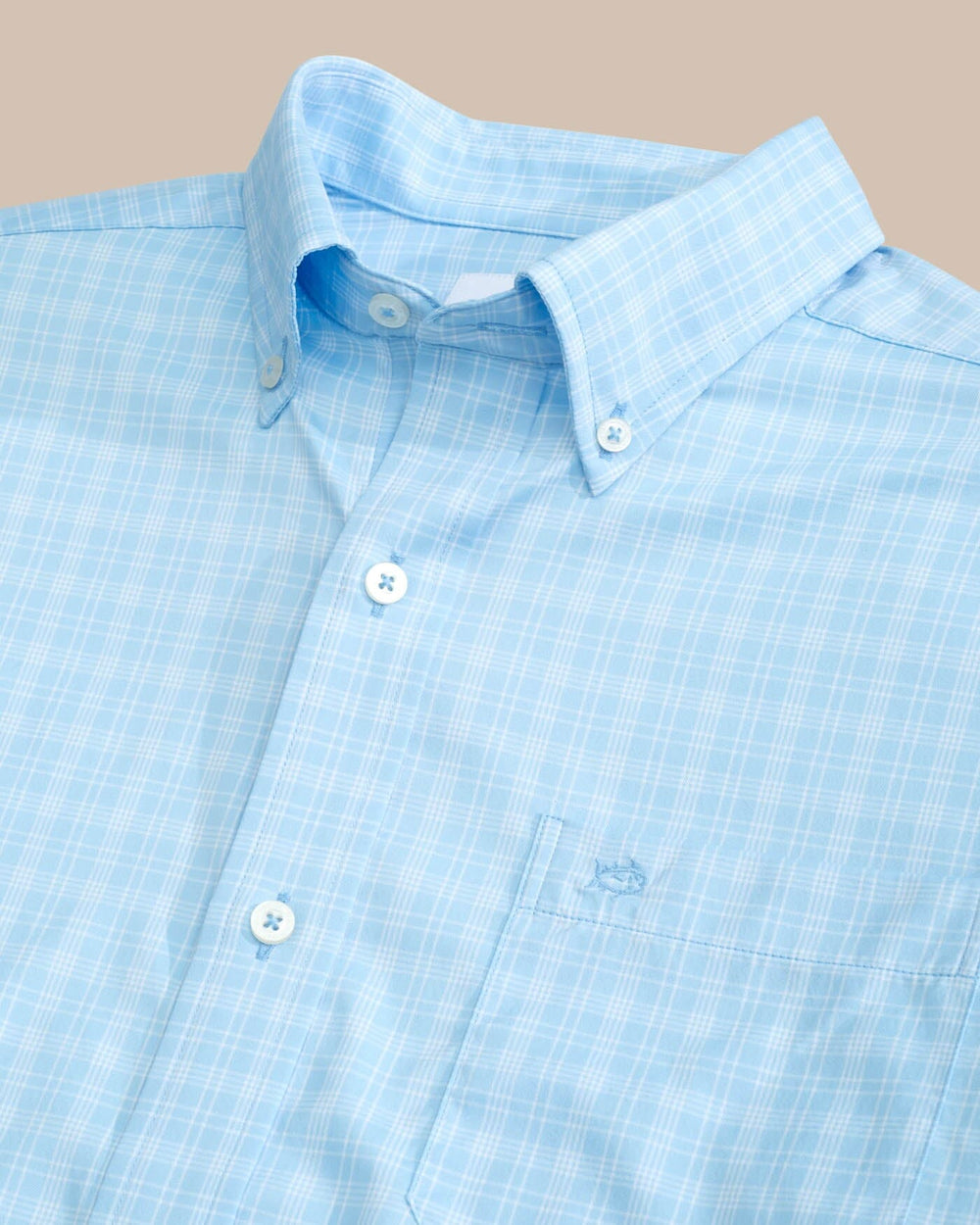 The detail view of the Southern Tide brrr Intercoastal Pettigru Plaid Long Sleeve SportShirt by Southern Tide - Clearwater Blue