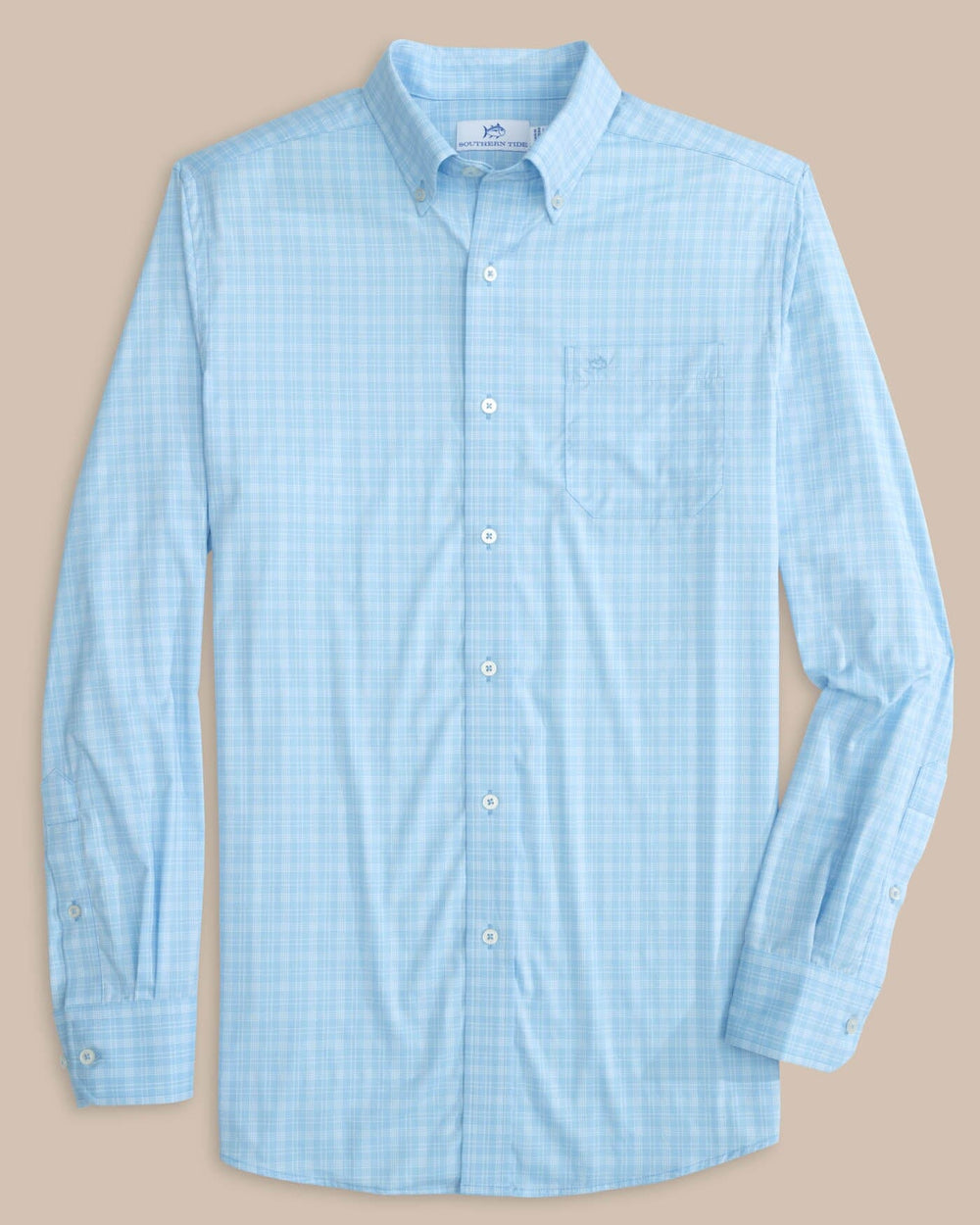 The front view of the Southern Tide brrr Intercoastal Pettigru Plaid Long Sleeve SportShirt by Southern Tide - Clearwater Blue