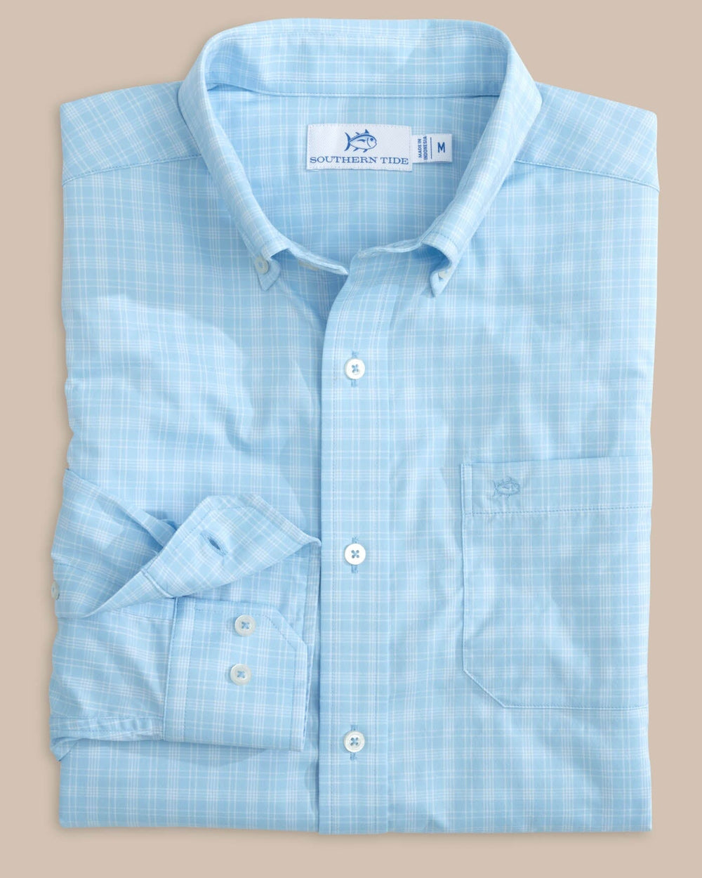The front view of the Southern Tide brrr Intercoastal Pettigru Plaid Long Sleeve SportShirt by Southern Tide - Clearwater Blue