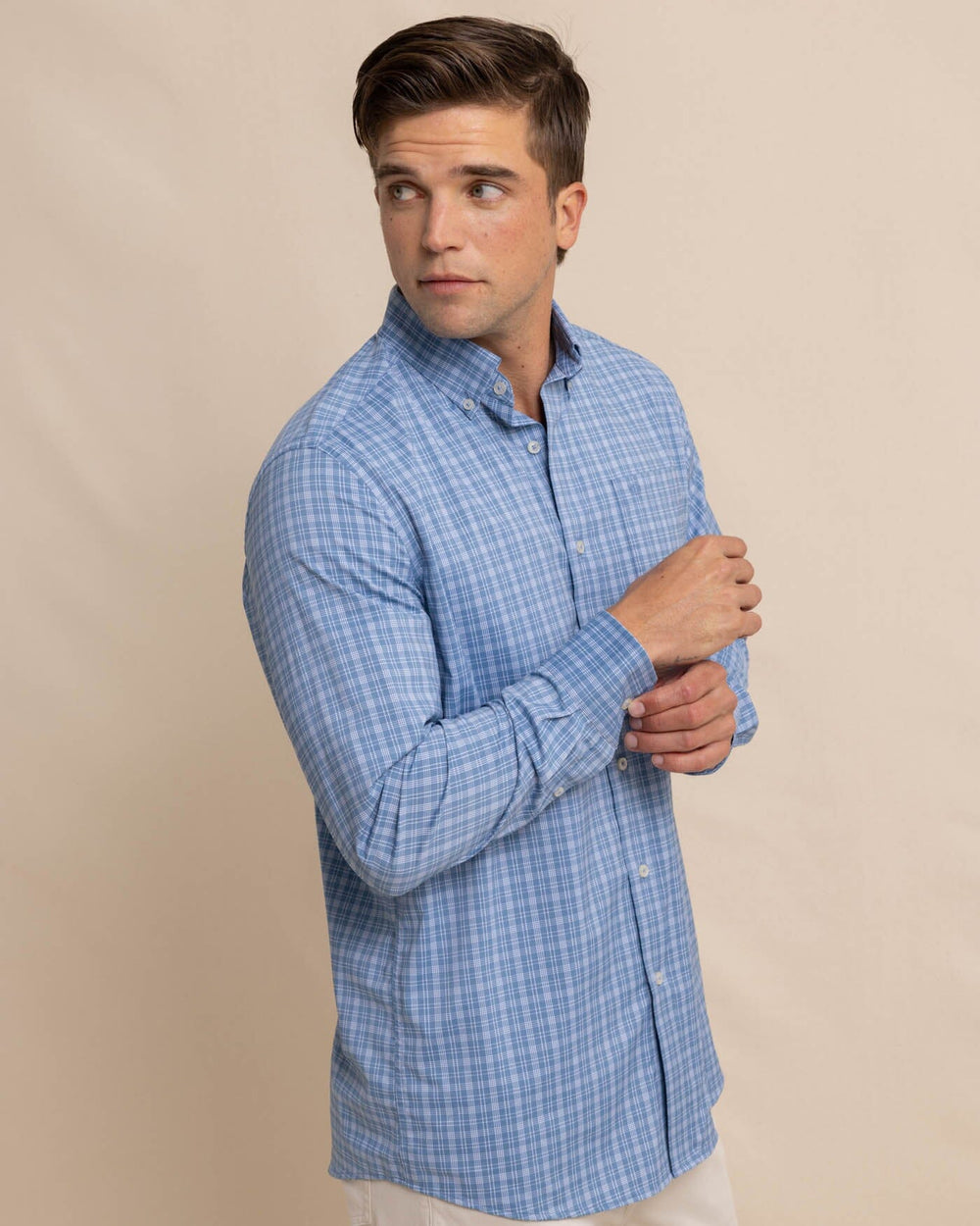 The front view of the Southern Tide brrr Intercoastal Pettigru Plaid Long Sleeve SportShirt by Southern Tide - Coronet Blue