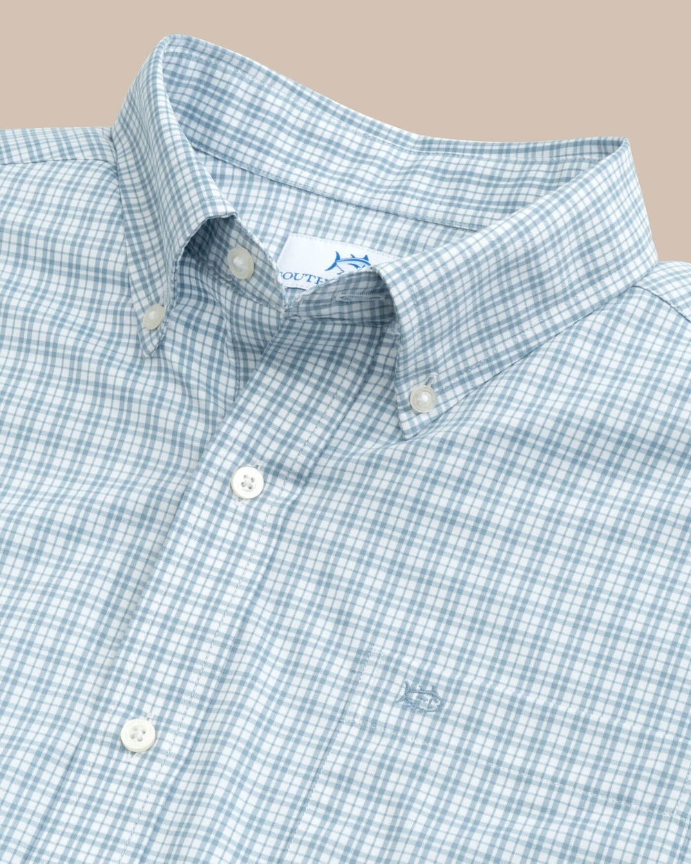 The detail view of the Southern Tide brrr Intercoastal Poinsett Plaid Long Sleeve Sportshirt by Southern Tide - Windward Blue