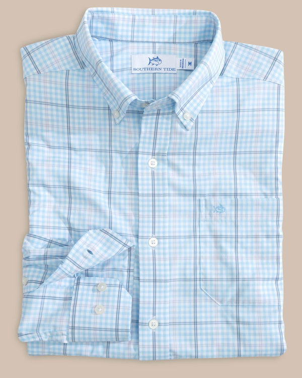 The front view of the Southern Tide brrr Intercoastal Rainer Check Long Sleeve Sportshirt by Southern Tide - Clearwater Blue