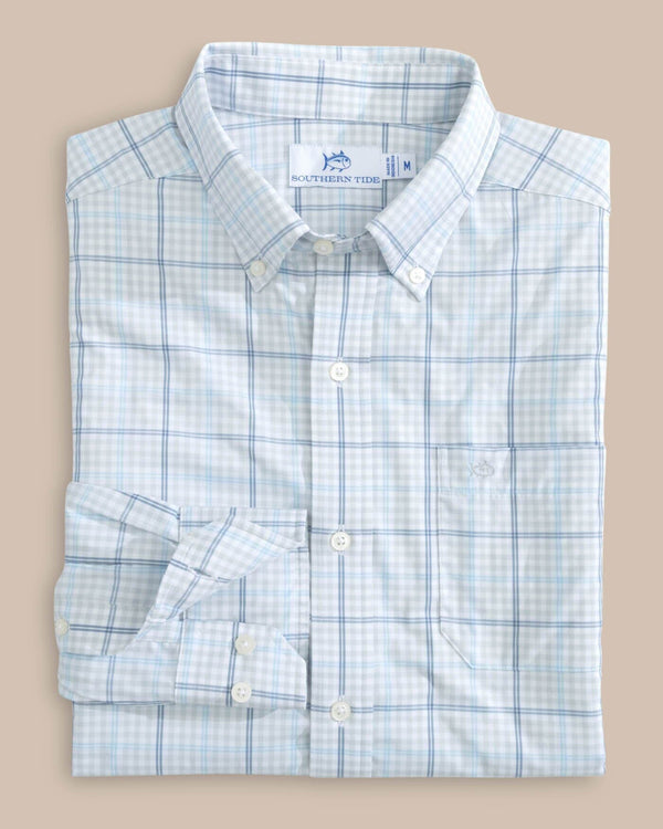 The front view of the Southern Tide brrr Intercoastal Rainer Check Long Sleeve Sportshirt by Southern Tide - Platinum Grey