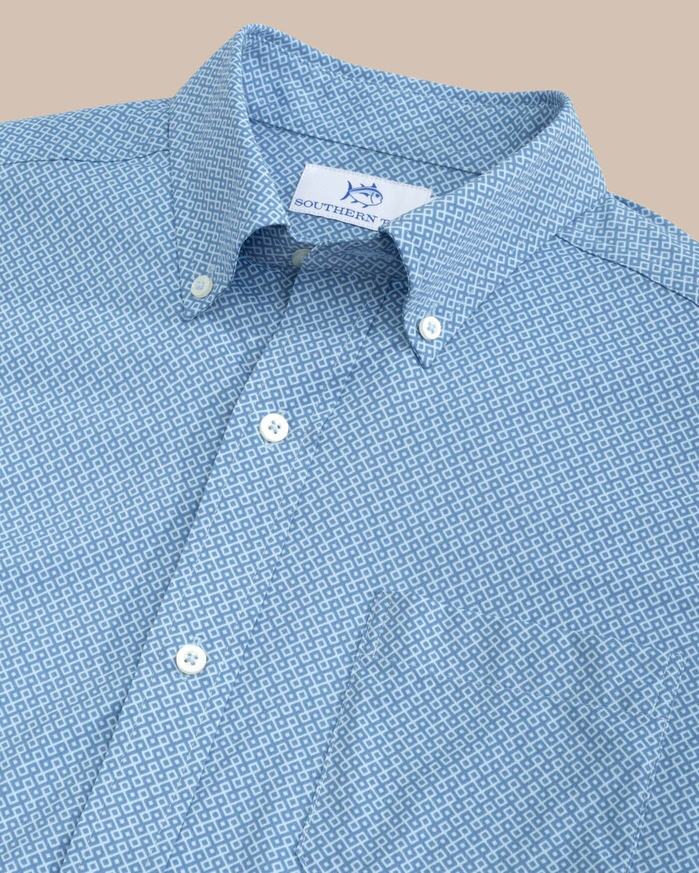 The detail view of the Southern Tide brrr Intercoastal Retro Geo Short Sleeve Sportshirt by Southern Tide - Coronet Blue