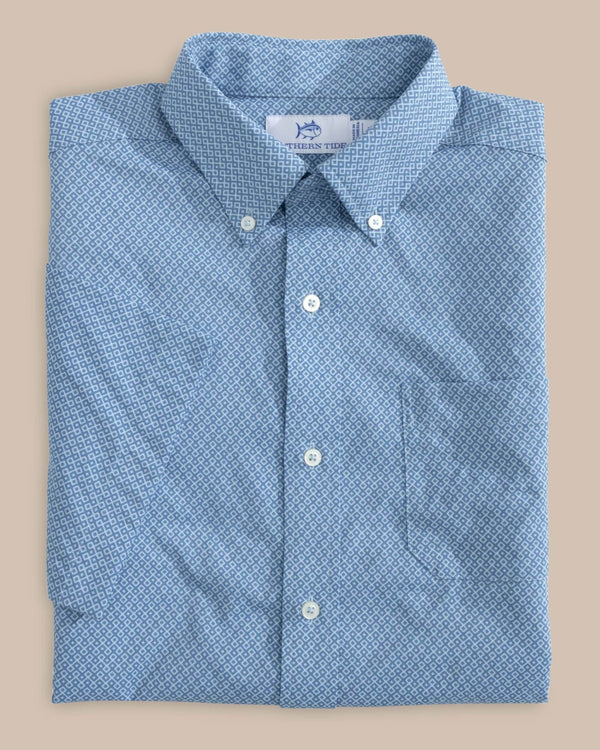 The front view of the Southern Tide brrr Intercoastal Retro Geo Short Sleeve Sportshirt by Southern Tide - Coronet Blue