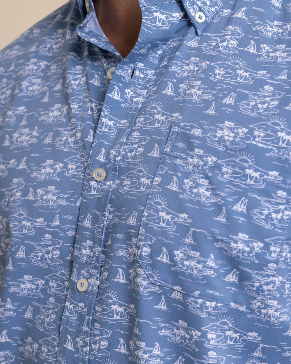 The detail view of the Southern Tide brrr Intercoastal Sunset Beach Short Sleeve SportShirt by Southern Tide - Coronet Blue