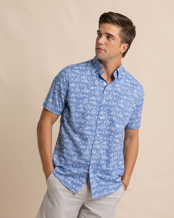 The front view of the Southern Tide brrr Intercoastal Sunset Beach Short Sleeve SportShirt by Southern Tide - Coronet Blue