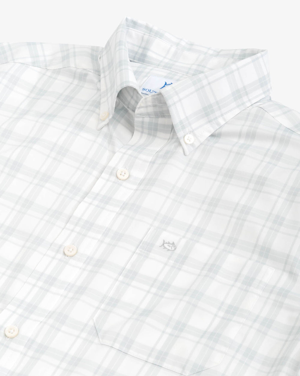 The detail view of the Southern Tide Brrr Ramsey Plaid Intercoastal Long Sleeve Button Down Sport shirt by Southern Tide - Classic White