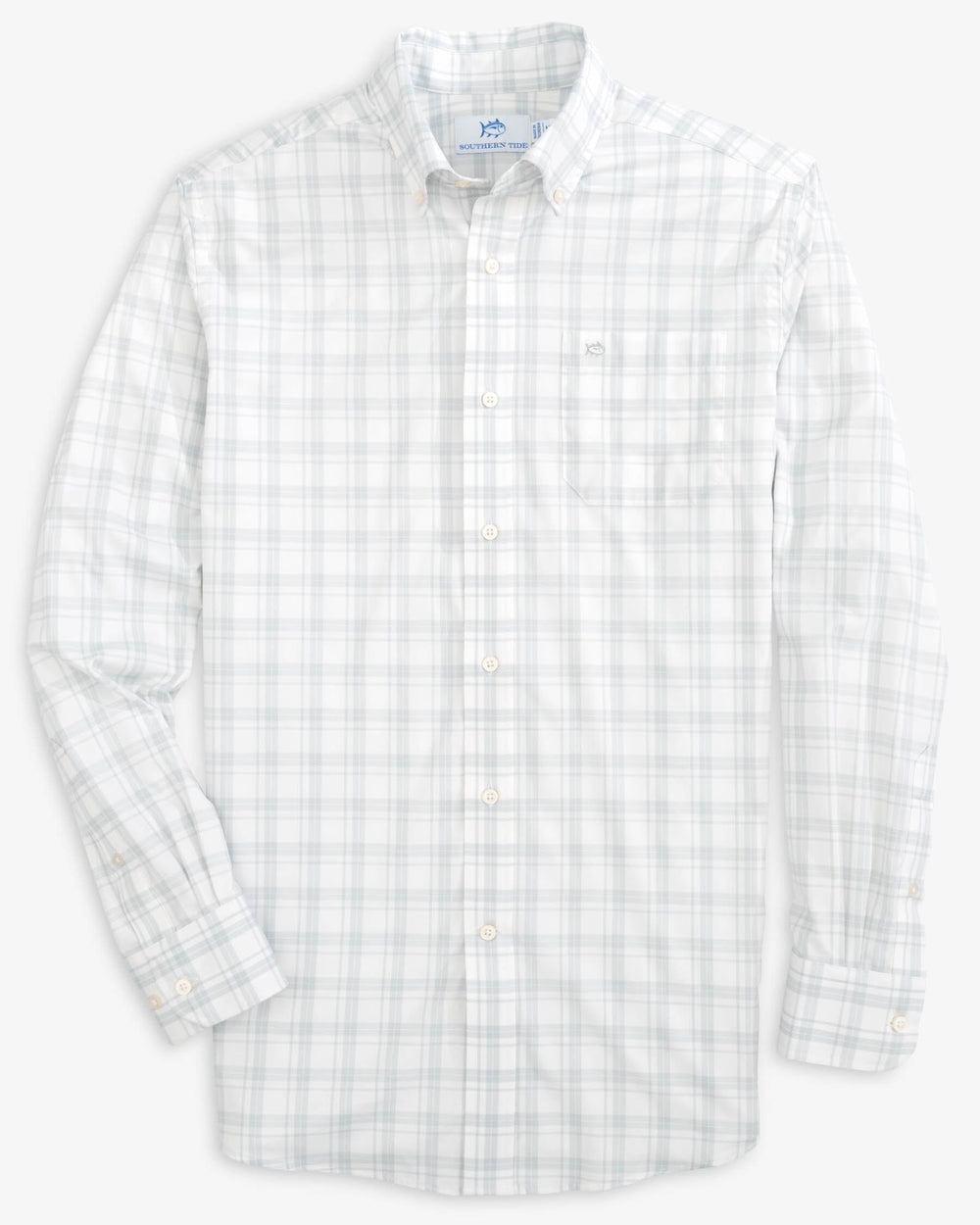 The front view of the Southern Tide Brrr Ramsey Plaid Intercoastal Long Sleeve Button Down Sport shirt by Southern Tide - Classic White