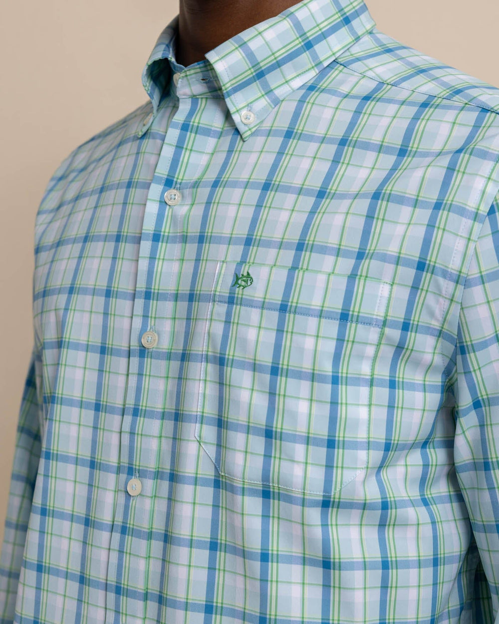 The detail view of the Southern Tide brrr Whalehead Plaid Intercoastal Sport Shirt by Southern Tide - Chilled Blue