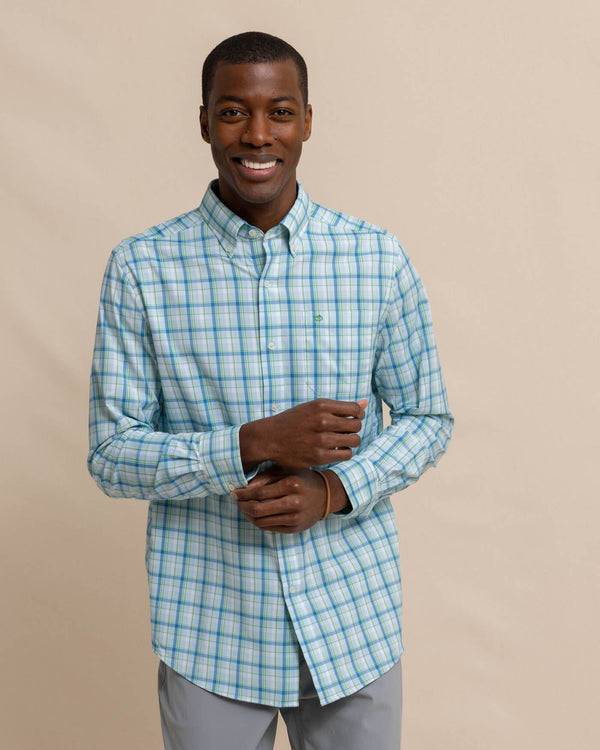 The front view of the Southern Tide brrr Whalehead Plaid Intercoastal Sport Shirt by Southern Tide - Chilled Blue