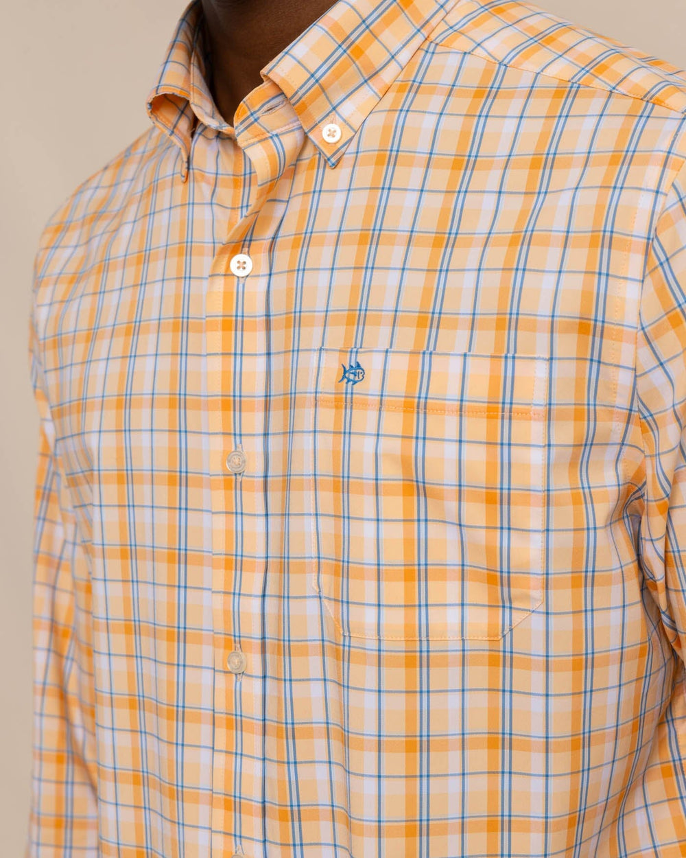 The detail view of the Southern Tide brrr Whalehead Plaid Intercoastal Sport Shirt by Southern Tide - Horizon