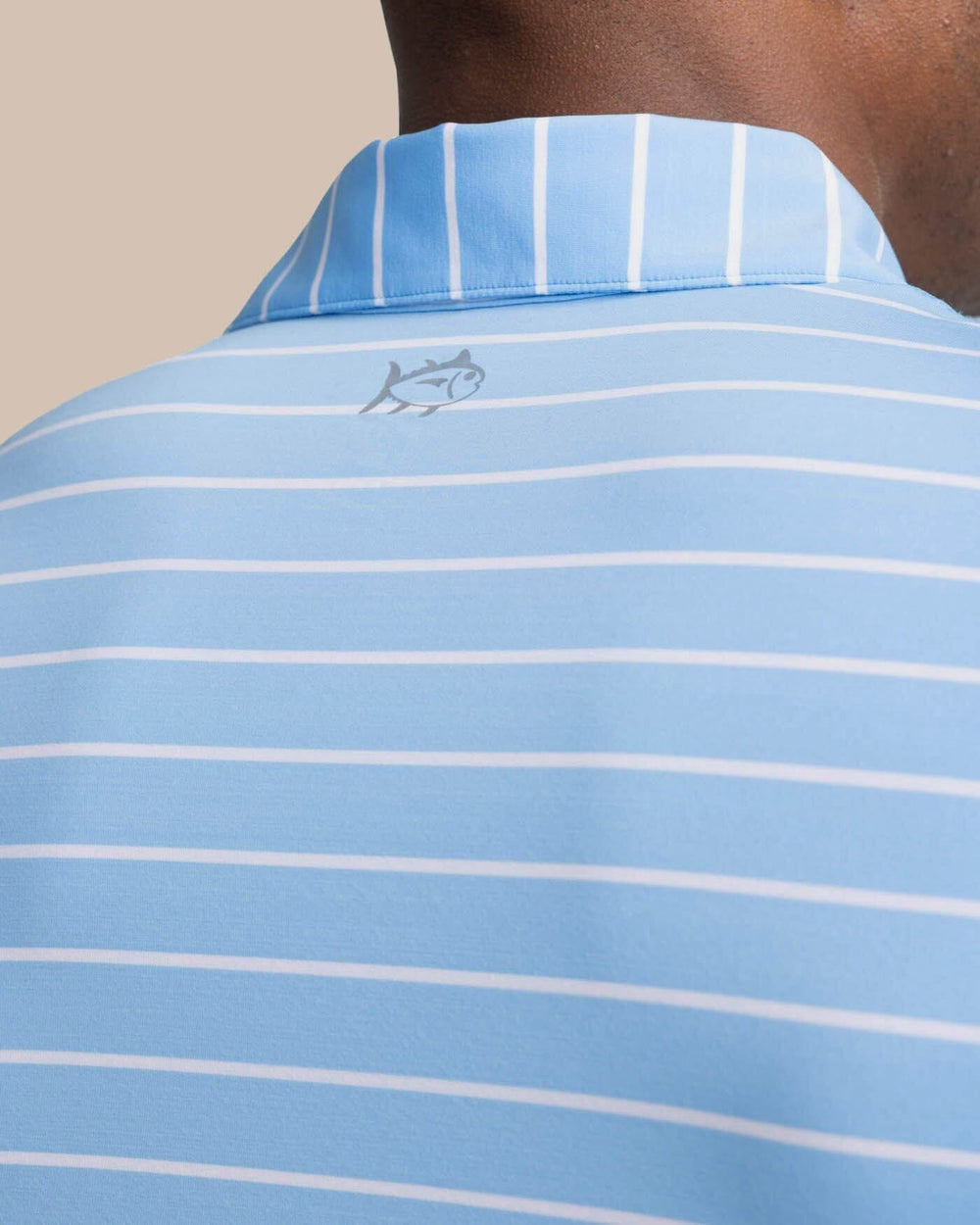 The yoke view of the Southern Tide brrr-eeze Desmond Stripe Performance Polo by Southern Tide - Rush Blue