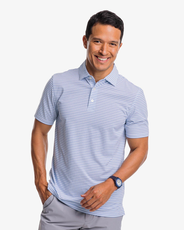 The front view of the Southern Tide Brrreeze Harborview Stripe Performance Polo Shirt by Southern Tide - Classic White