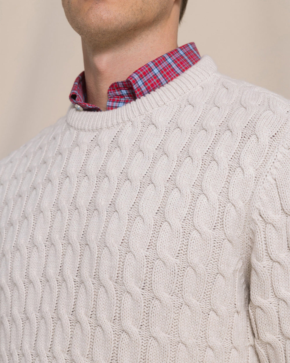 The detail view of the Southern Tide Cable Knit Crew Sweater by Southern Tide - Star White