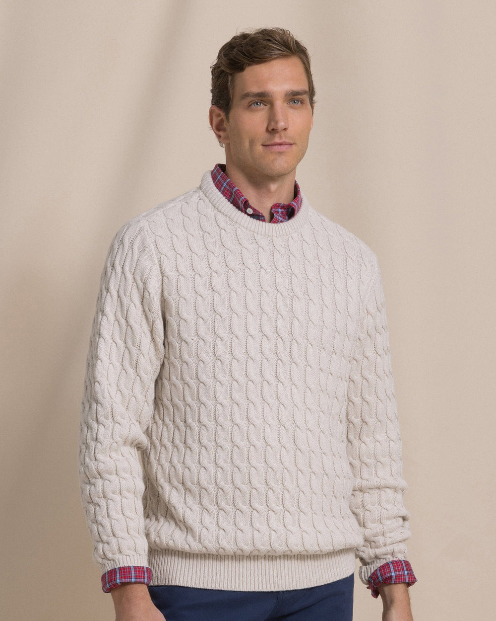 The front view of the Southern Tide Cable Knit Crew Sweater by Southern Tide - Star White
