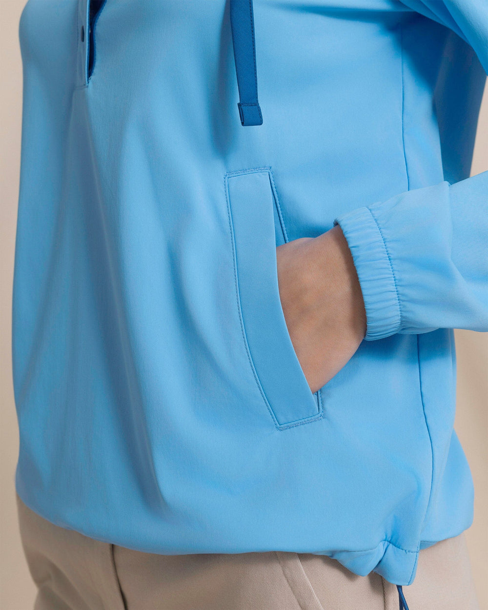 The detail view of the Southern Tide Calie Coastal Breeze® Color Block Popover by Southern Tide - Ocean Channel