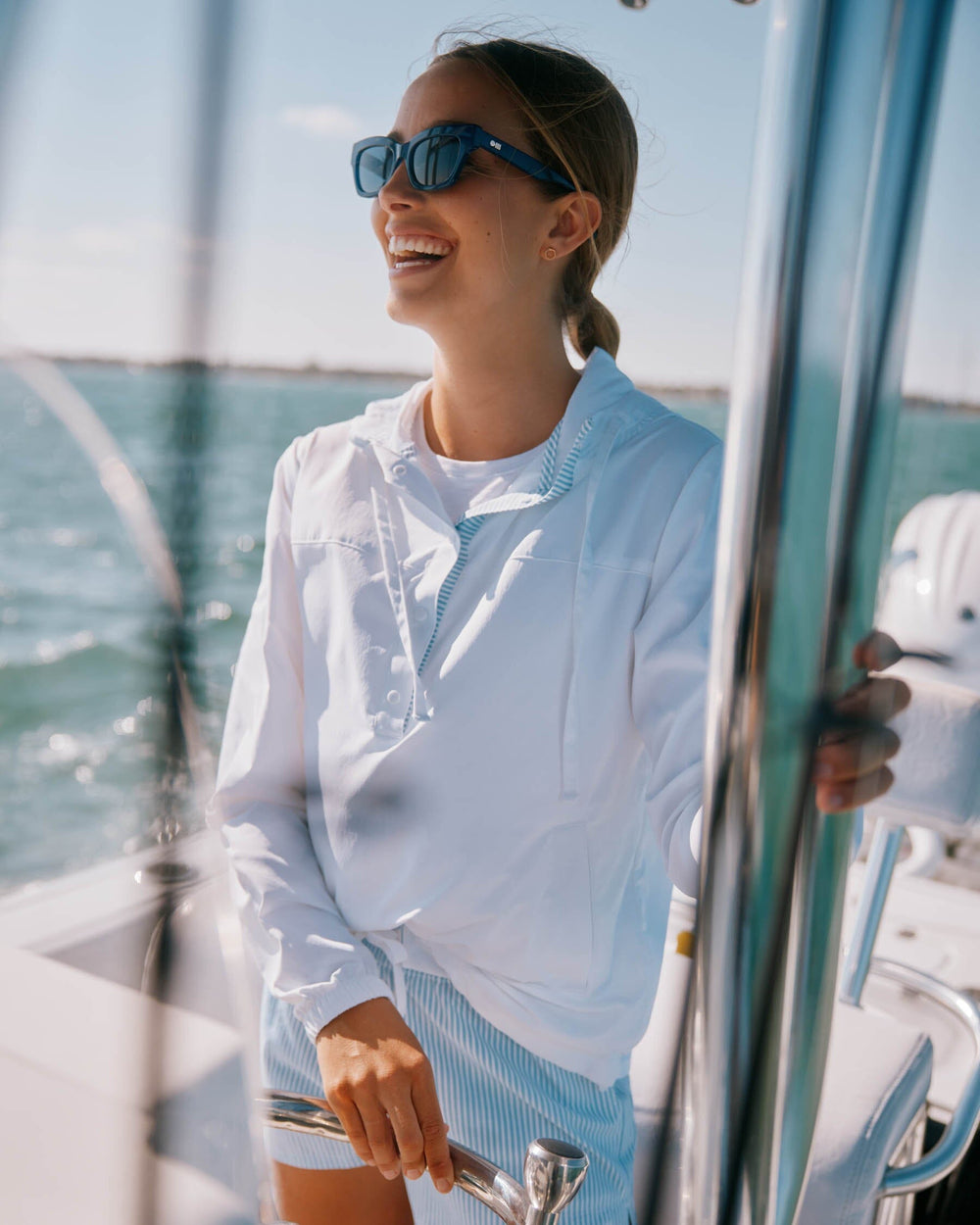 The lifestyle view of the Southern Tide Calie Pop Placket Popover by Southern Tide - Classic White