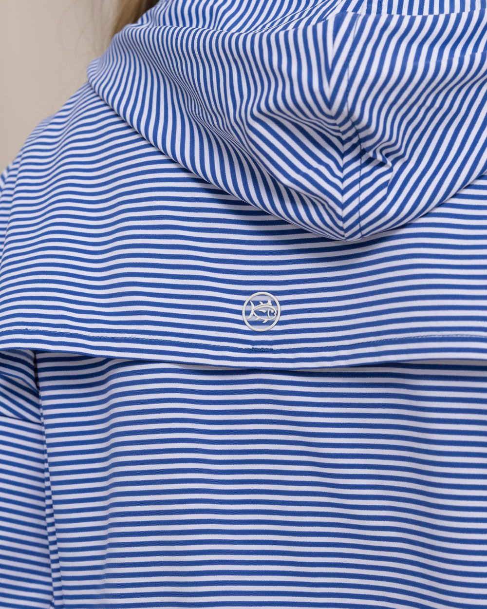 The detail view of the Southern Tide Calie Skip Stripe Popover by Southern Tide - Nautical Blue