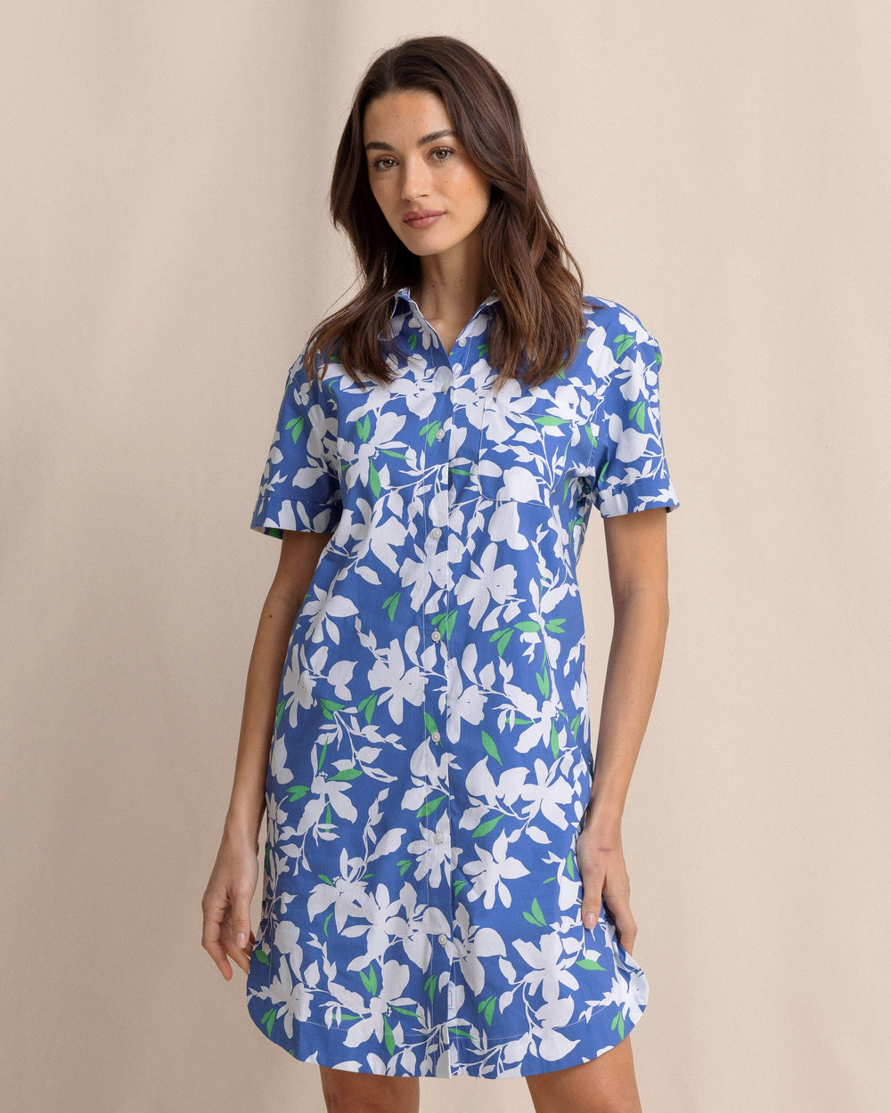 The front view of the Southern Tide Cam brrr°® Blossom Bay Printed Dress by Southern Tide - Blue Lolite