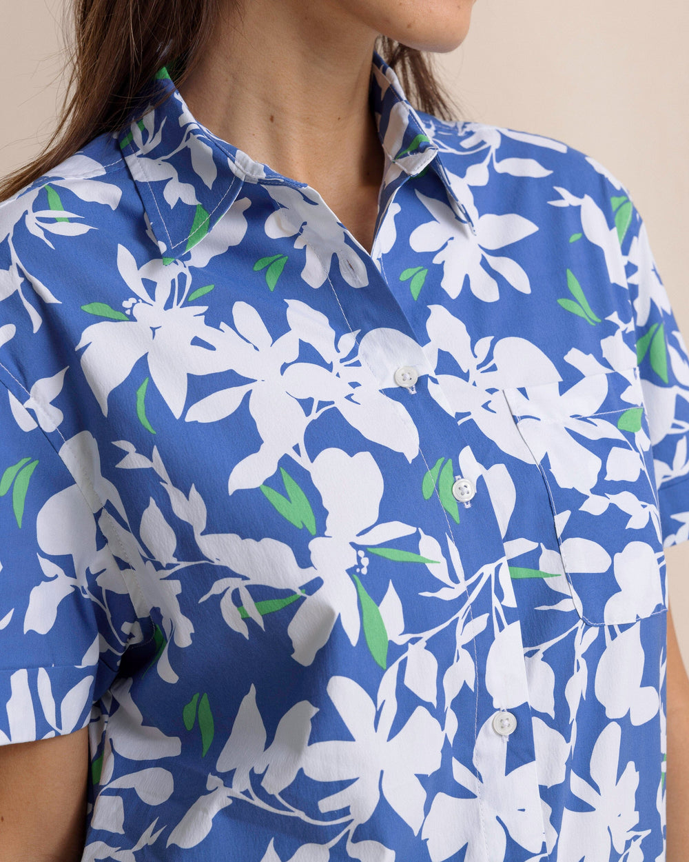 The front detail view of the Southern Tide Cam brrr°® Blossom Bay Printed Dress by Southern Tide - Blue Lolite