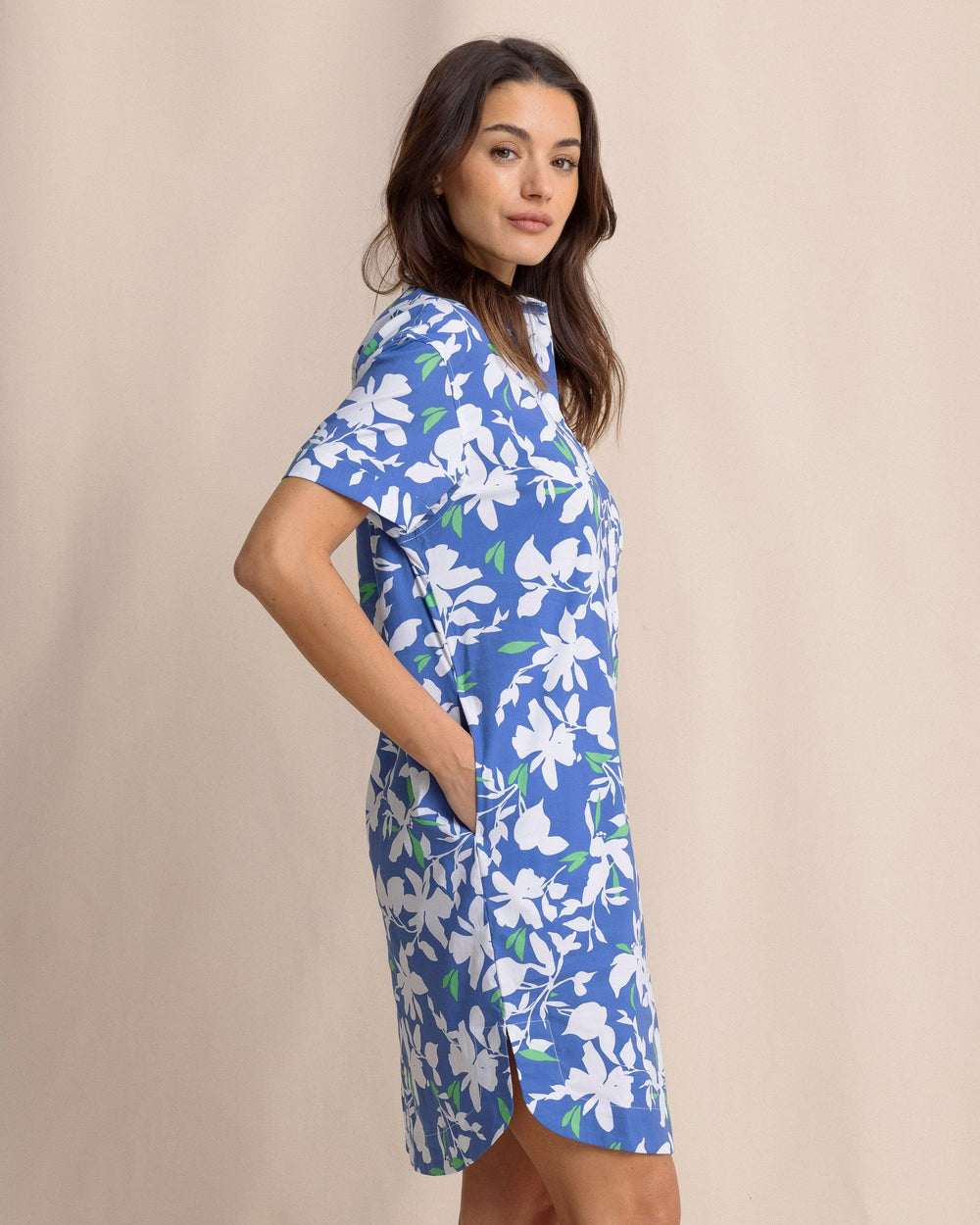 The side view of the Southern Tide Cam brrr°® Blossom Bay Printed Dress by Southern Tide - Blue Lolite