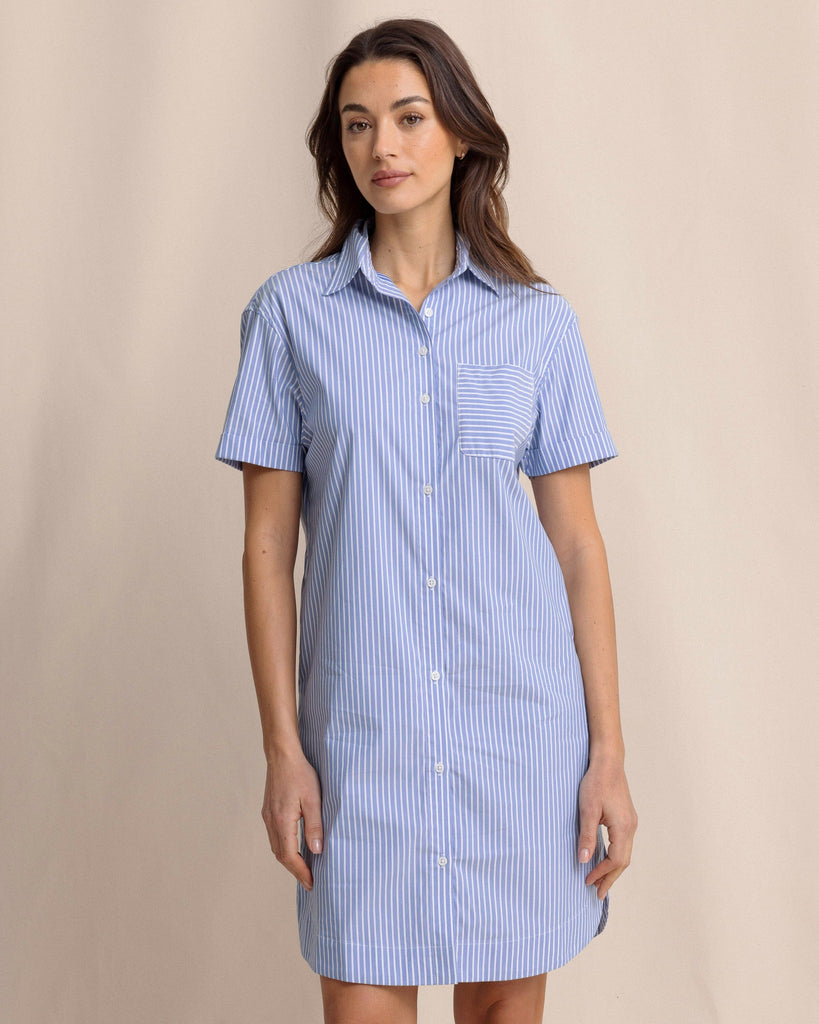 blue and white stripe dress women Round Neck Blue White Wide Stripe Women Summer Cotton Casual Loose Fitting Dresses