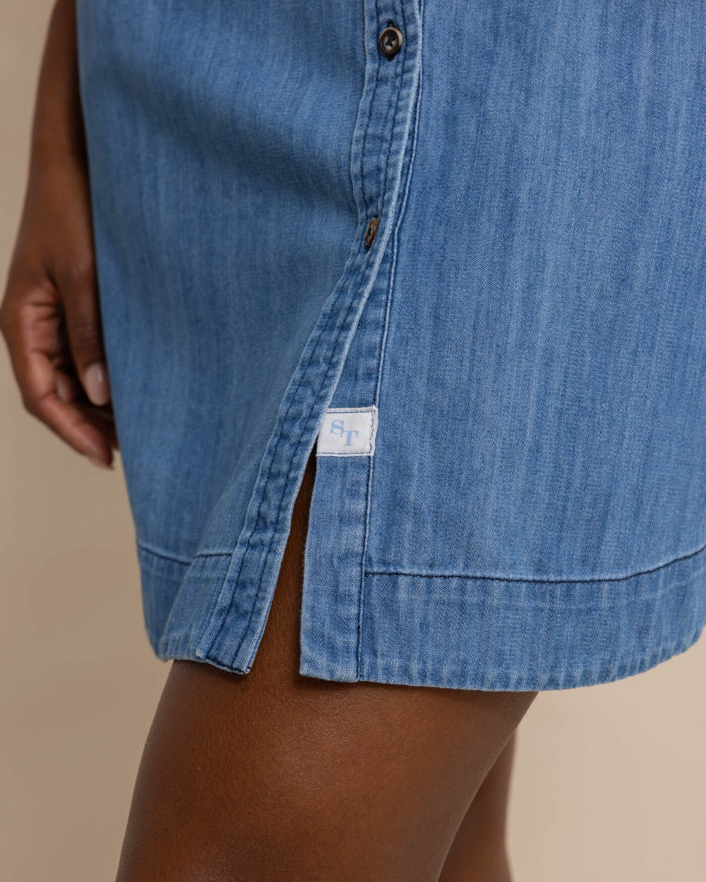 The detail view of the Southern Tide Cam Denim Dress by Southern Tide - Medium Wash Indigo